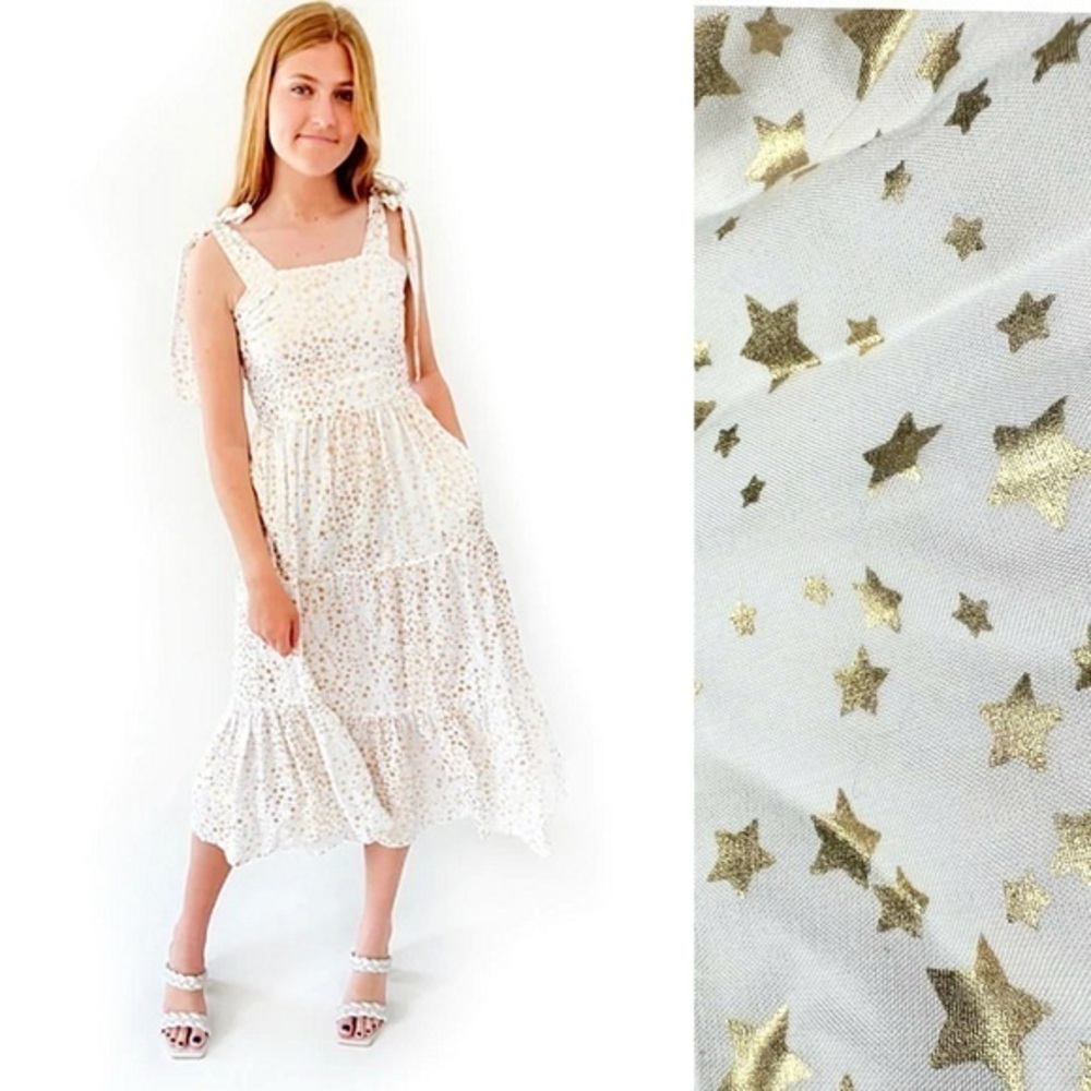 Emily McCarthy Gold Foil Star Print Bow Shoulder Tiered Midi Dress in White Sm